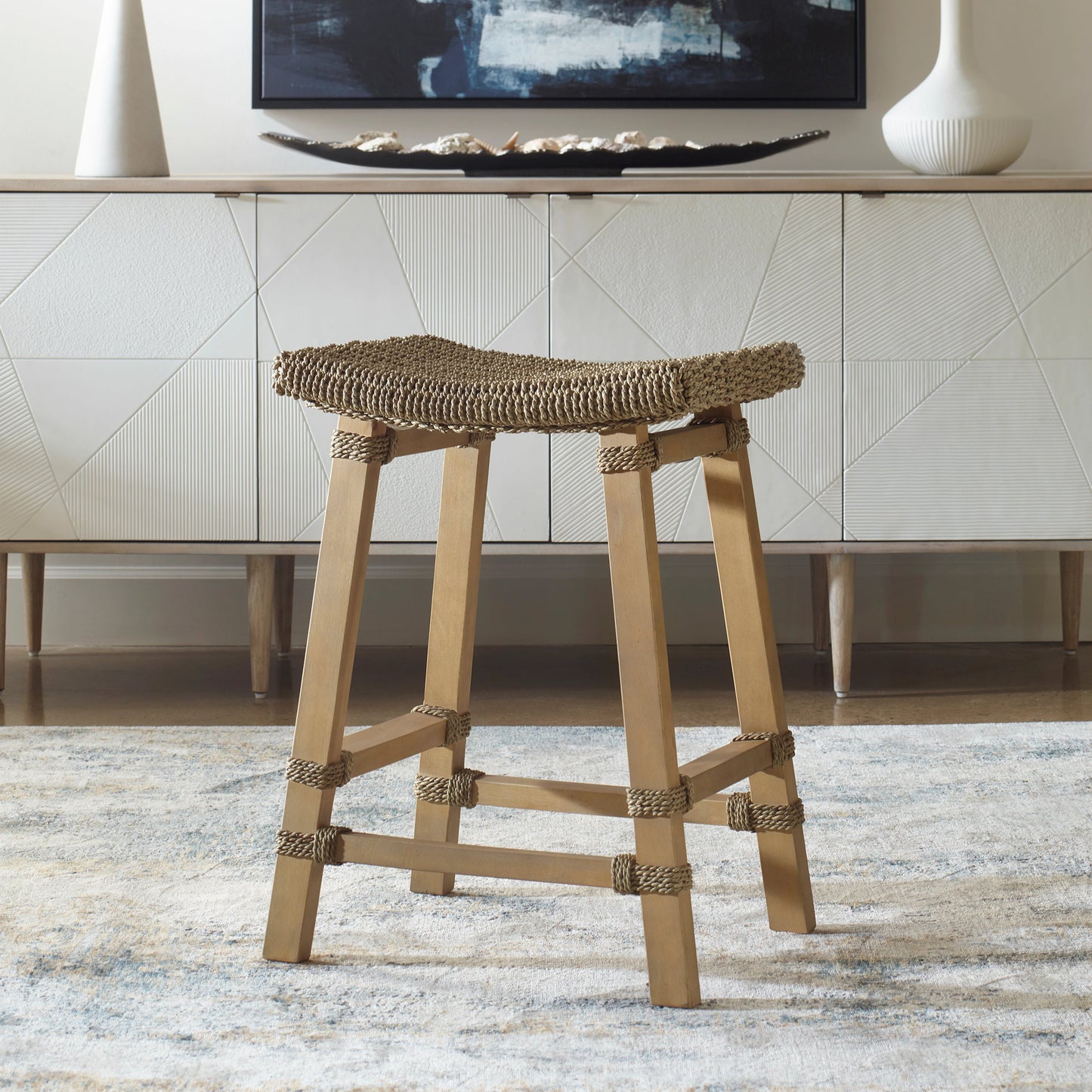 005 SI-2016429 | Lifestyle | Everglade Counter Stool by Uttermost. Made from wood with seagrass, rattan, strap in a cottage & farmhouse style.