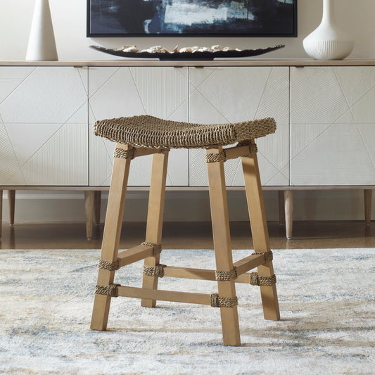 Everglade Counter Stool by Uttermost. Made from wood with seagrass, rattan, strap in a cottage & farmhouse style.