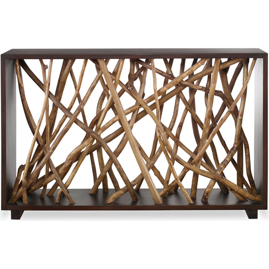 Maze Console Table by Uttermost in walnut. Made from solid mahogany wood combine with teak branch in a modern style.