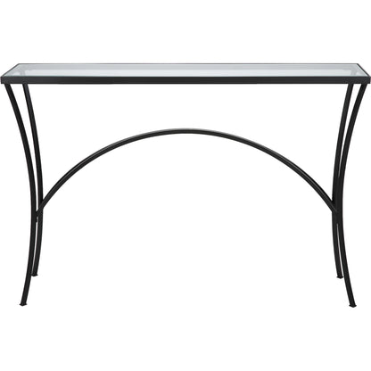Alayna Console Table by Uttermost in black. Made from metal, tempered glass in a modern style.