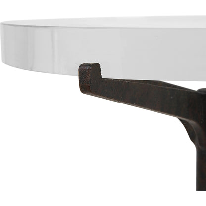 Forge Accent Table by Uttermost in rustic brown. Made from metal, crystal in a modern style.
