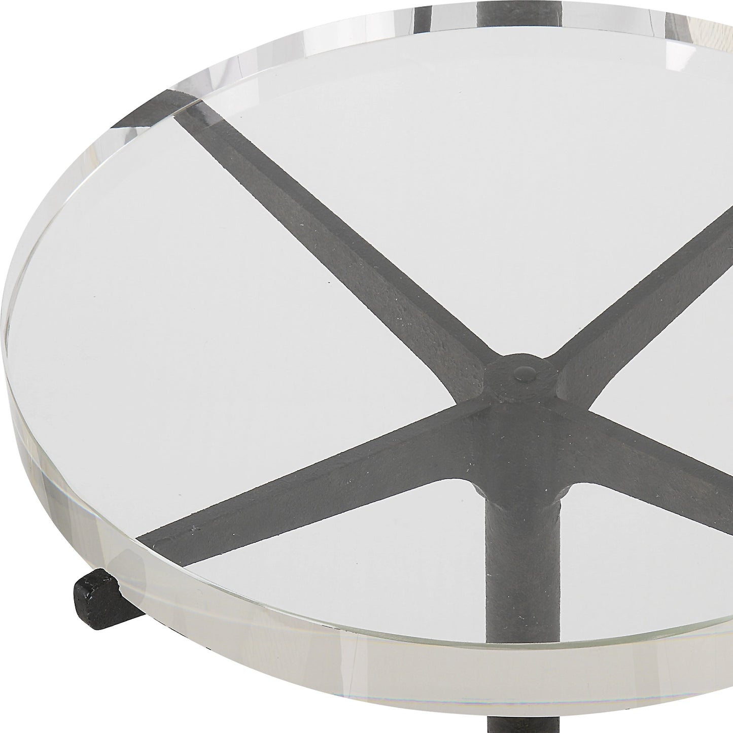 003 SI-2016437 | Closeup | Forge Accent Table by Uttermost in rustic brown. Made from metal, crystal in a modern style.