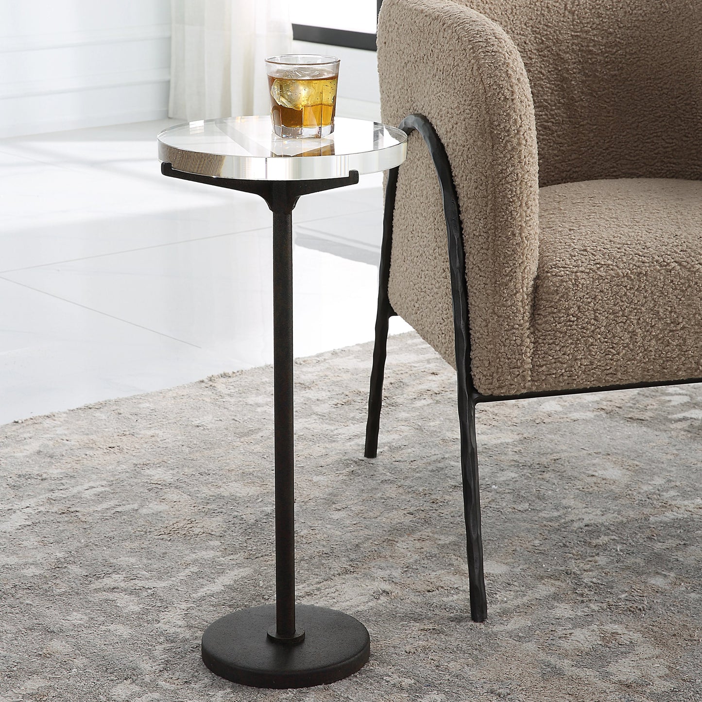 005 SI-2016437 | Lifestyle | Forge Accent Table by Uttermost in rustic brown. Made from metal, crystal in a modern style.