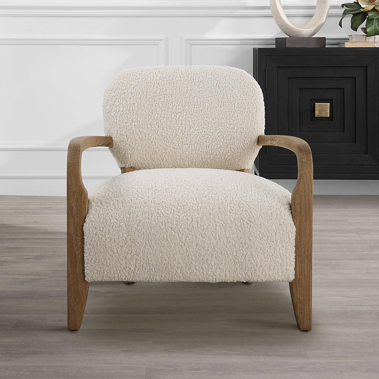 003 SI-2108107 | Lifestyle | Telluride Accent Chair by Uttermost in natural and oak. Made from oak, morgan sheepskin, foam, plywood in a modern style.