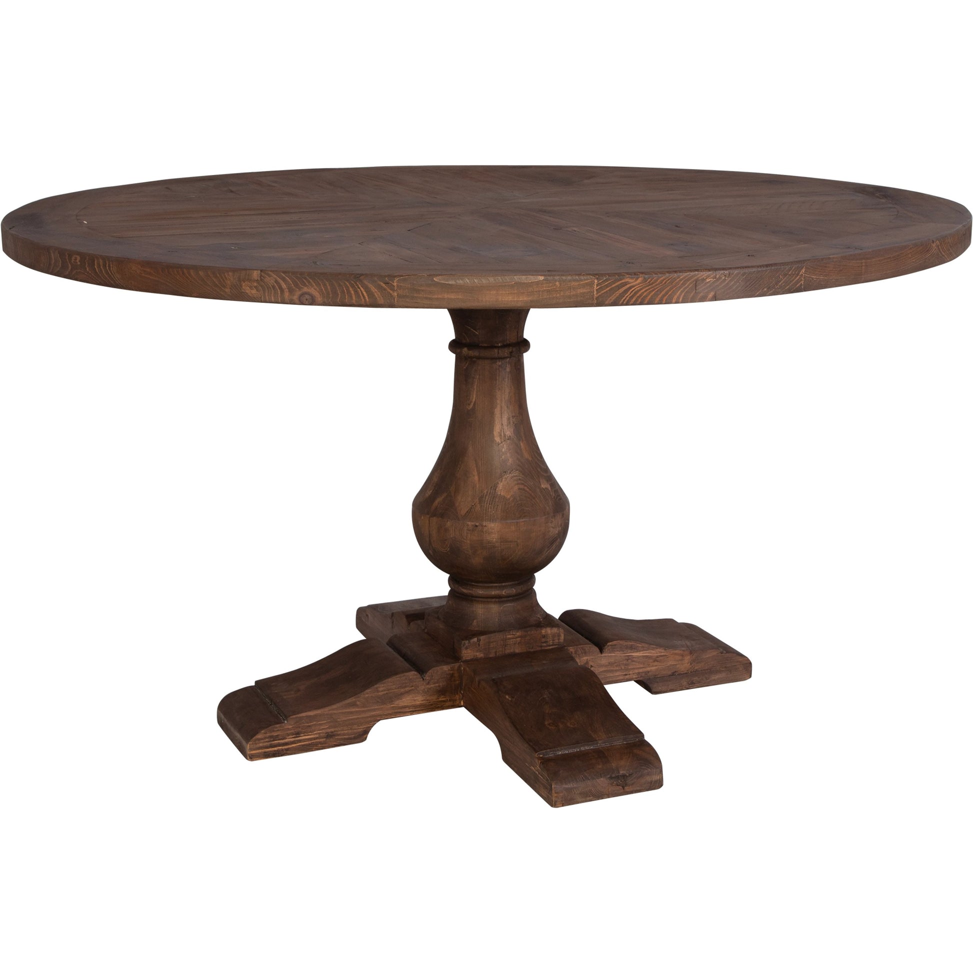 Stratford Round Dining Table by Uttermost in stony gray wash. Made from reclaimed fir in a traditional style.