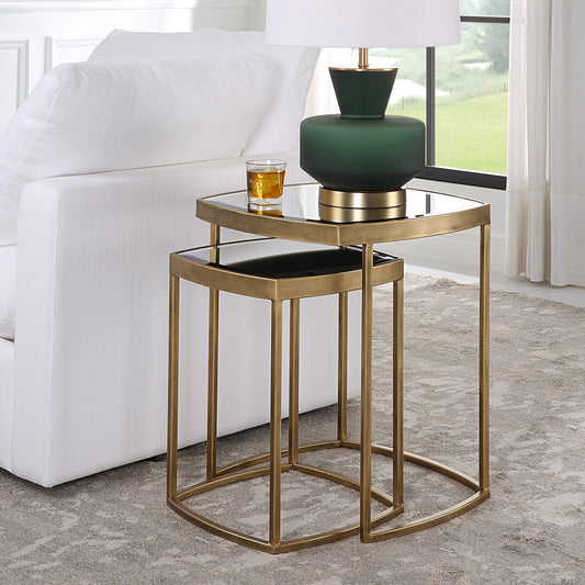 Vista Nesting Tables (Set of 2) by Uttermost in antique gold. Made from iron, mirror in a modern style.