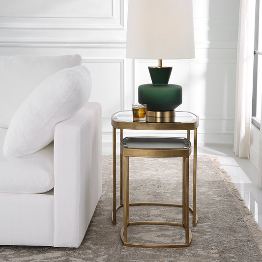 Vista Nesting Tables by Uttermost in antique gold. Made from iron, mirror in a modern style.