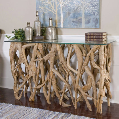 Teak Wood Console by Uttermost in teak. Made from wood, glass in a cottage & farmhouse style.