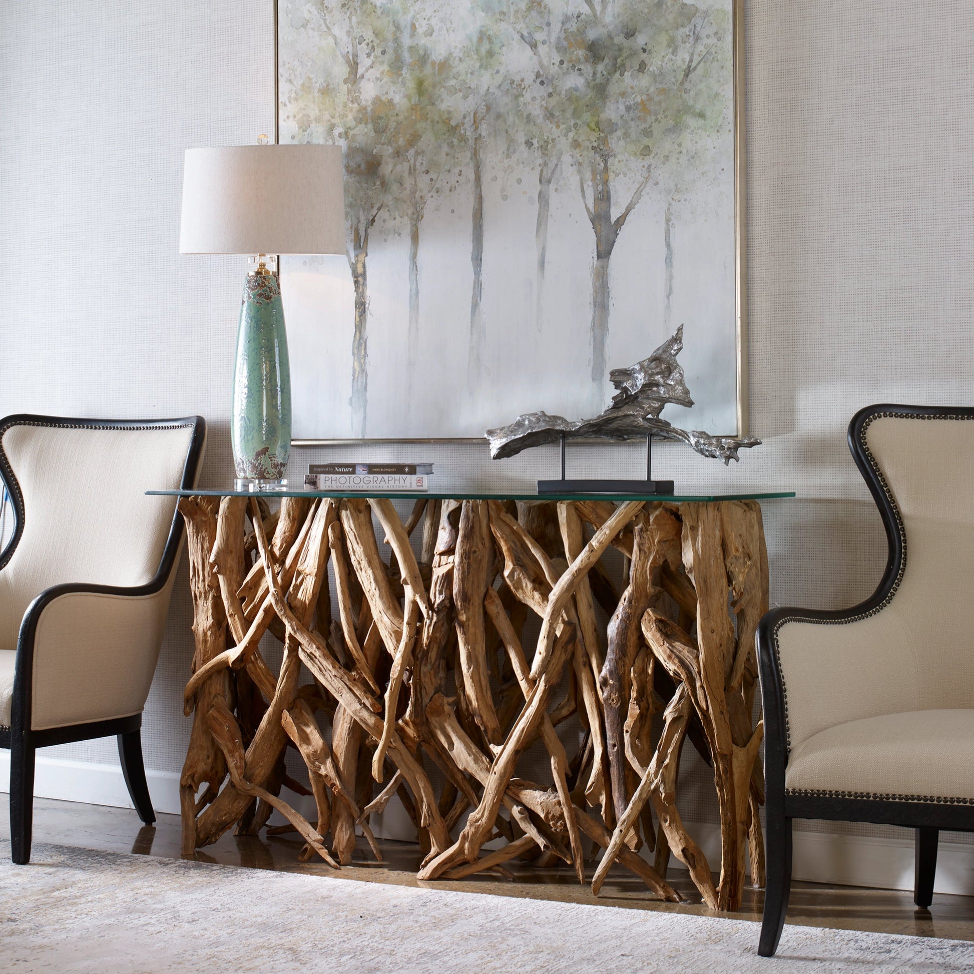 Teak Wood Console by Uttermost in teak. Made from wood, glass in a cottage & farmhouse style.