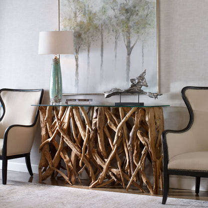 Teak Wood Console by Uttermost in teak. Made from wood, glass in a cottage & farmhouse style.