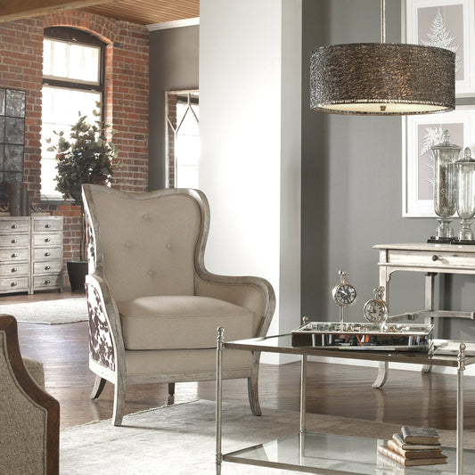 Chalina High Back Armchair by Uttermost. Made from mahogany wood with foam, fabric in a cottage & farmhouse style.
