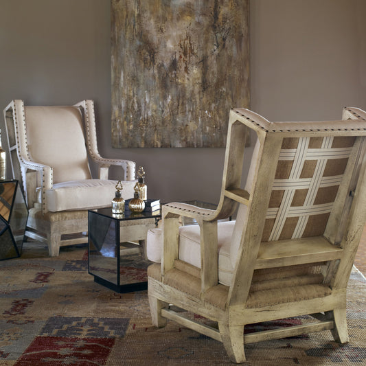 Schafer Armchair by Uttermost. Made from mahogany wood with foam, fabric in a cottage & farmhouse style.