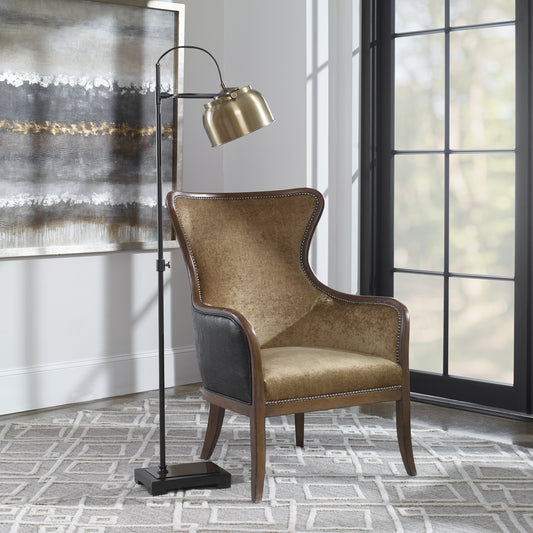 Snowden Tan Wing Chair by Uttermost. Made from wood, foam, fabric, pu leather in a cottage & farmhouse style.