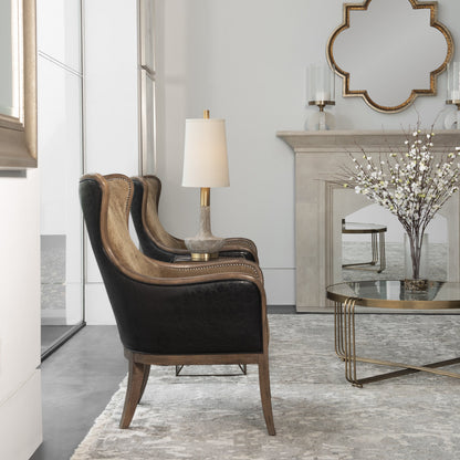 Snowden Tan Wing Chair by Uttermost. Made from wood, foam, fabric, pu leather in a cottage & farmhouse style.