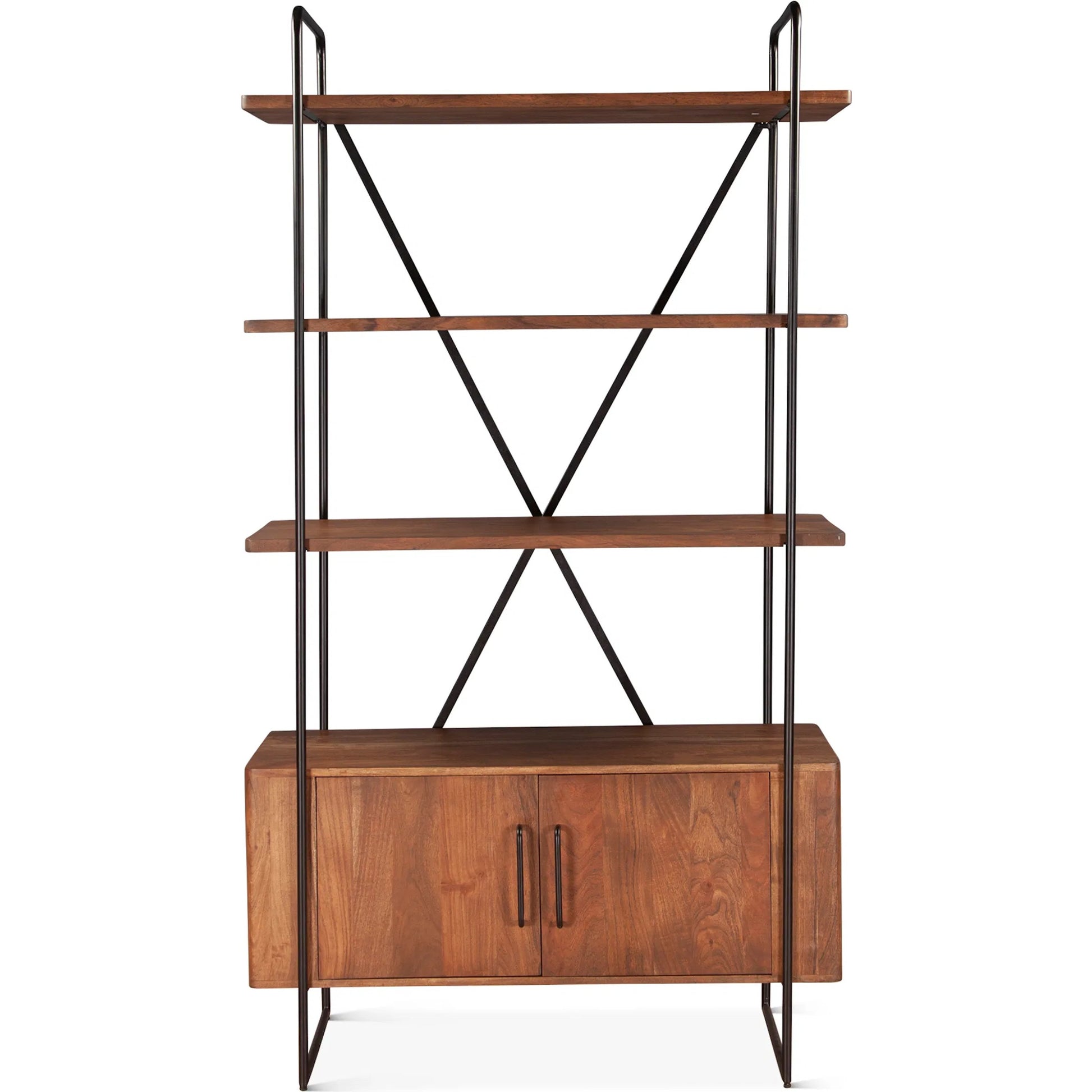 Halden Tall Bookshelf by World Interiors in brown and pecan brown, matte black. Made from mango wood in a transitional style.