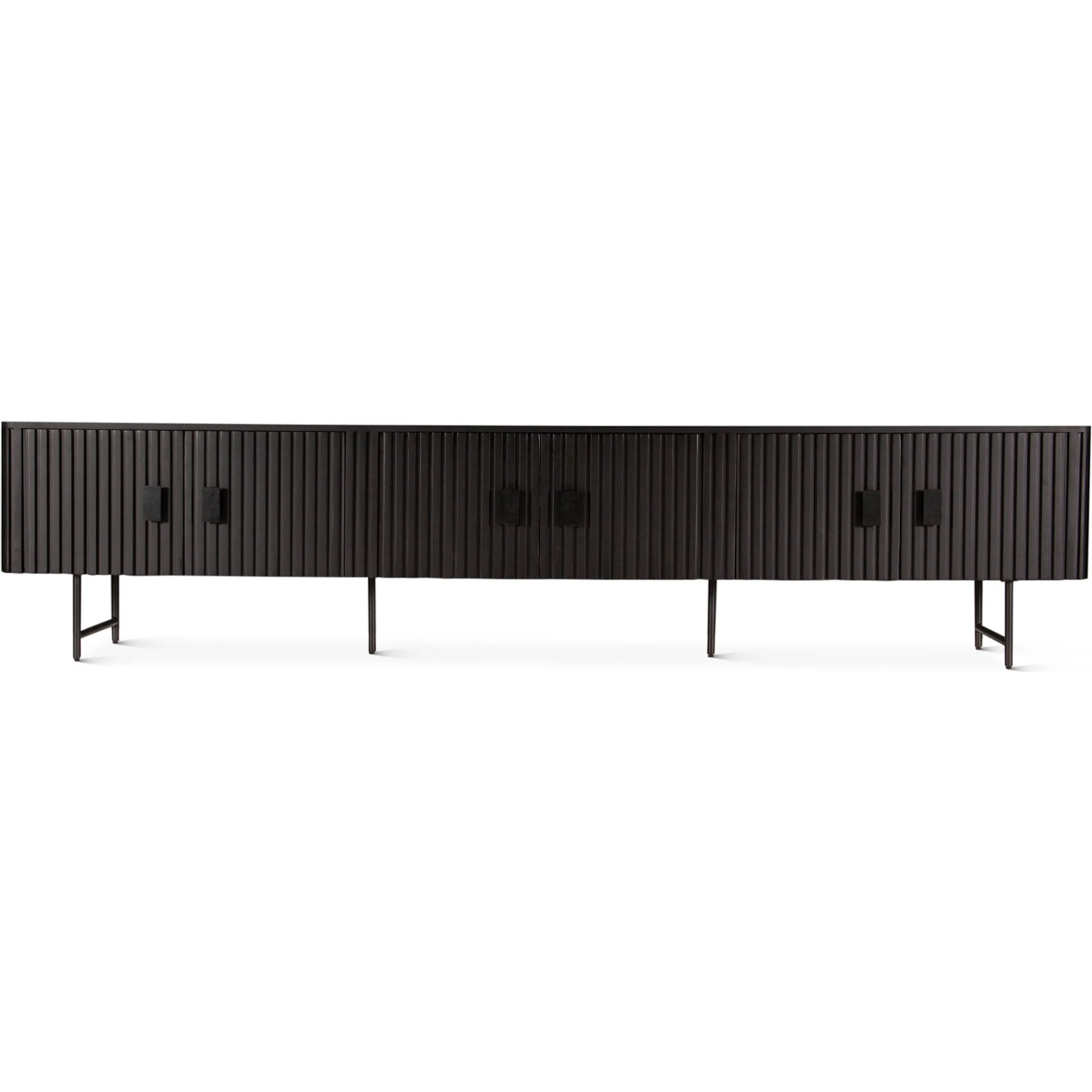 Halden 98" Plasma Cabinet by World Interiors in matte black. Made from mango wood in a unique style.
