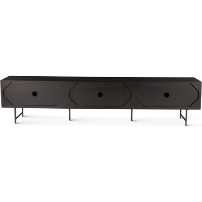 Halden 98" Plasma Cabinet by World Interiors in matte black. Made from mango wood in a unique style.