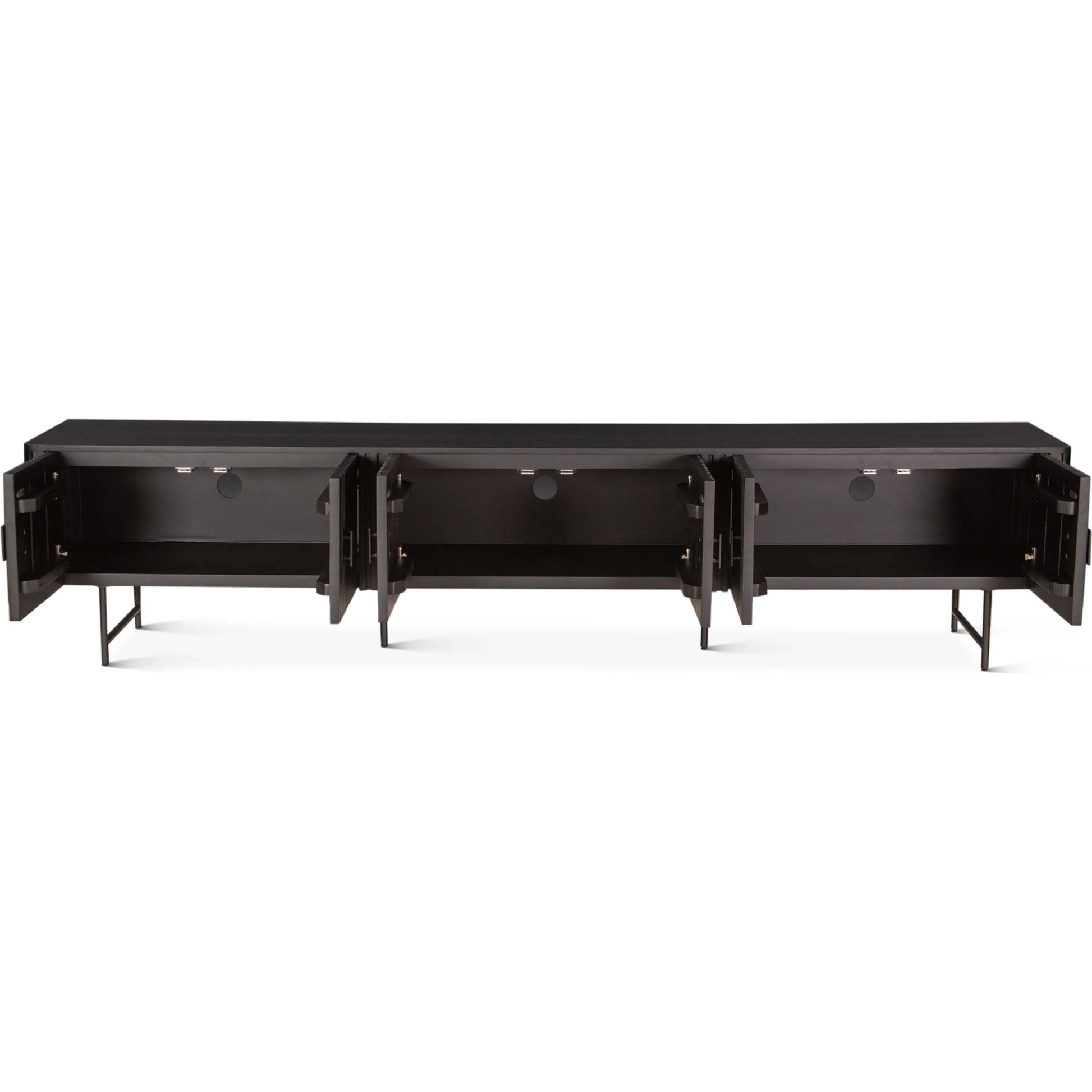 Halden 98" Plasma Cabinet by World Interiors in matte black. Made from mango wood in a unique style.