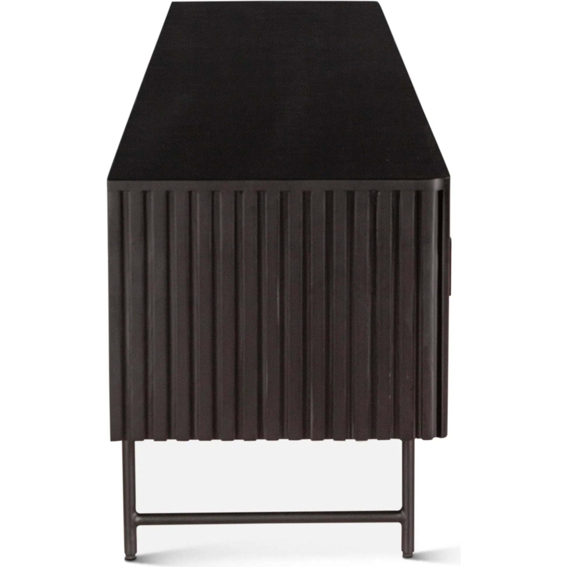 Halden 98" Plasma Cabinet by World Interiors in matte black. Made from mango wood in a unique style.