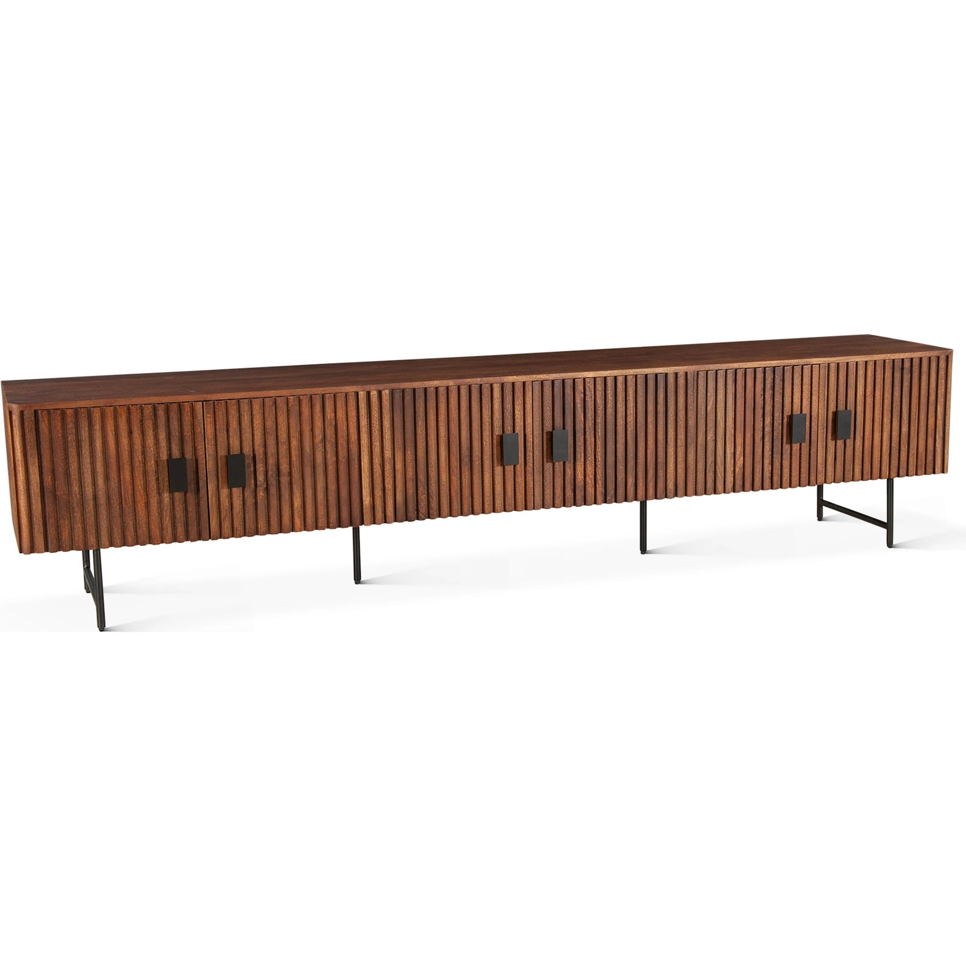 Halden 98" Plasma Cabinet by World Interiors in matte black. Made from mango wood in a unique style.
