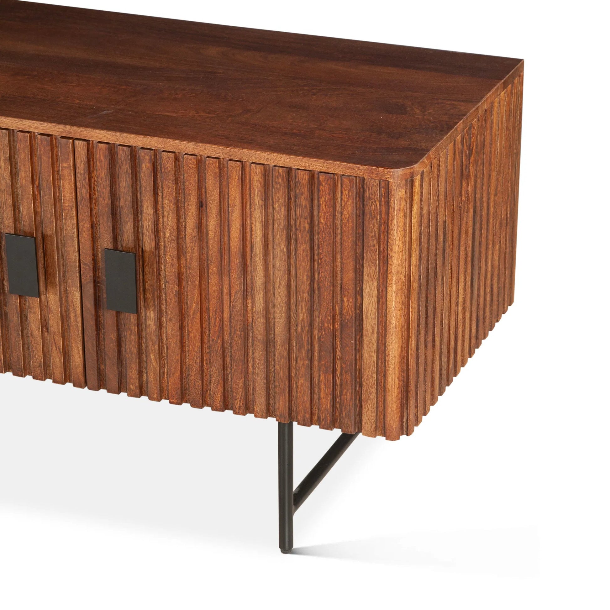 Halden 98" Plasma Cabinet by World Interiors in matte black. Made from mango wood in a unique style.