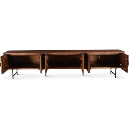 Halden 98" Plasma Cabinet by World Interiors in matte black. Made from mango wood in a unique style.