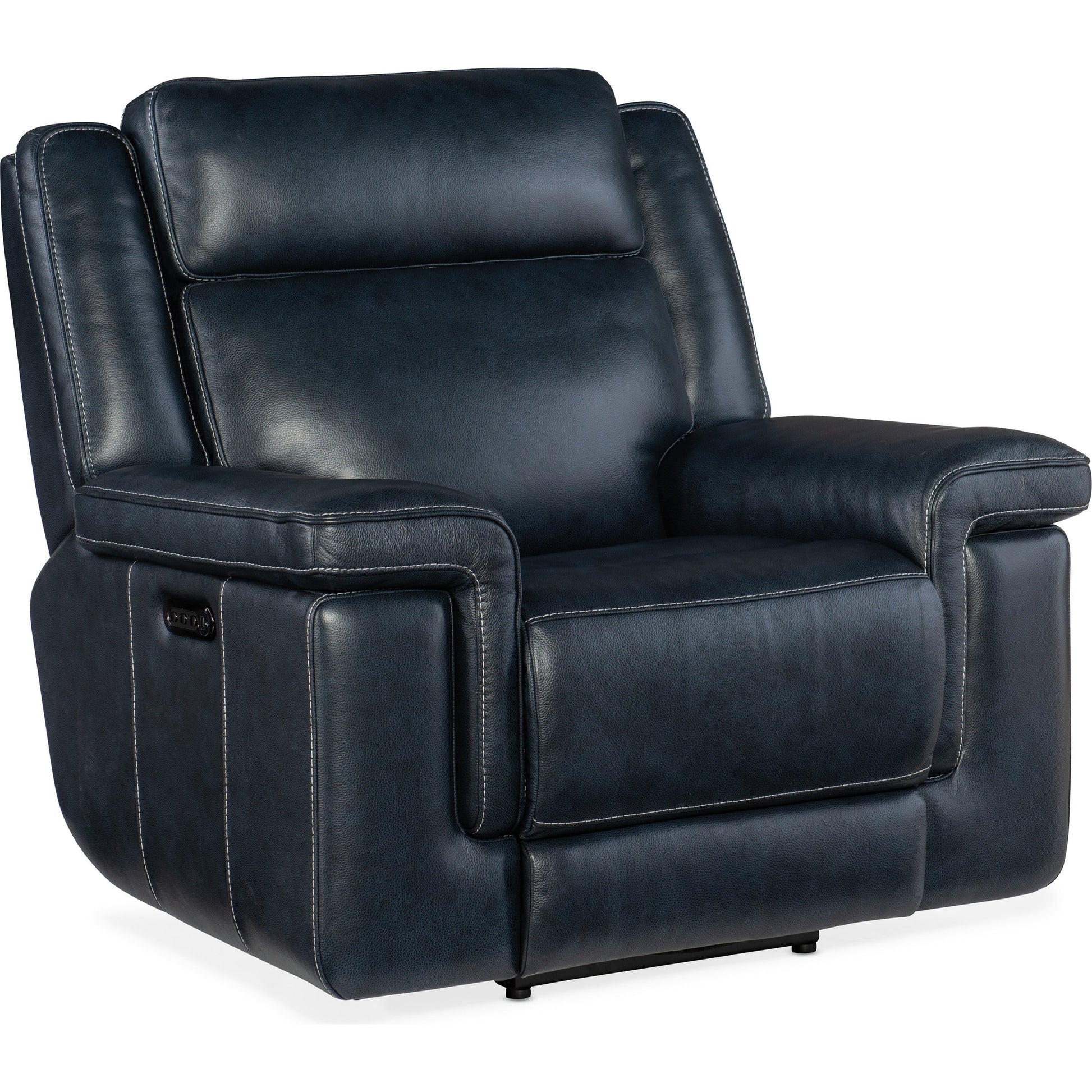Montel Lay Flat Power Recliner by Hooker Furniture in cosmos cobalt. Made from leather in a traditional style.