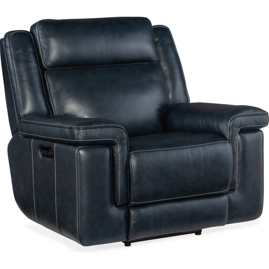 Montel Lay Flat Power Recliner by Hooker Furniture in cosmos cobalt. Made from leather in a traditional style.