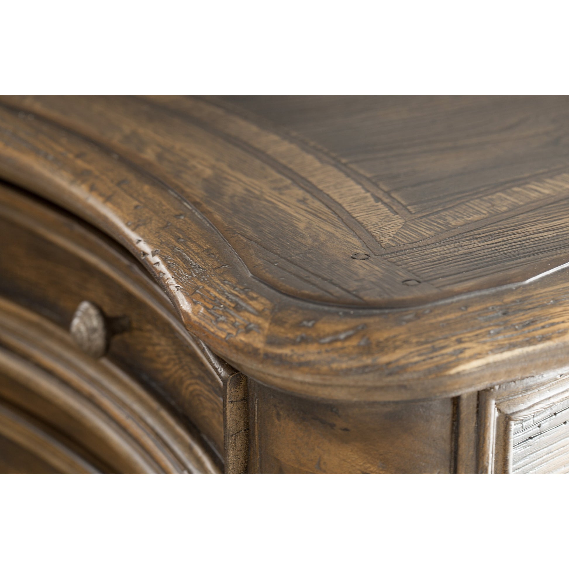 St. Hedwig Executive Desk by Hooker Furniture in saddle brown, anthracite black. Made from white oak, walnut veneers with high quality bonded leather, resin in a traditional style.