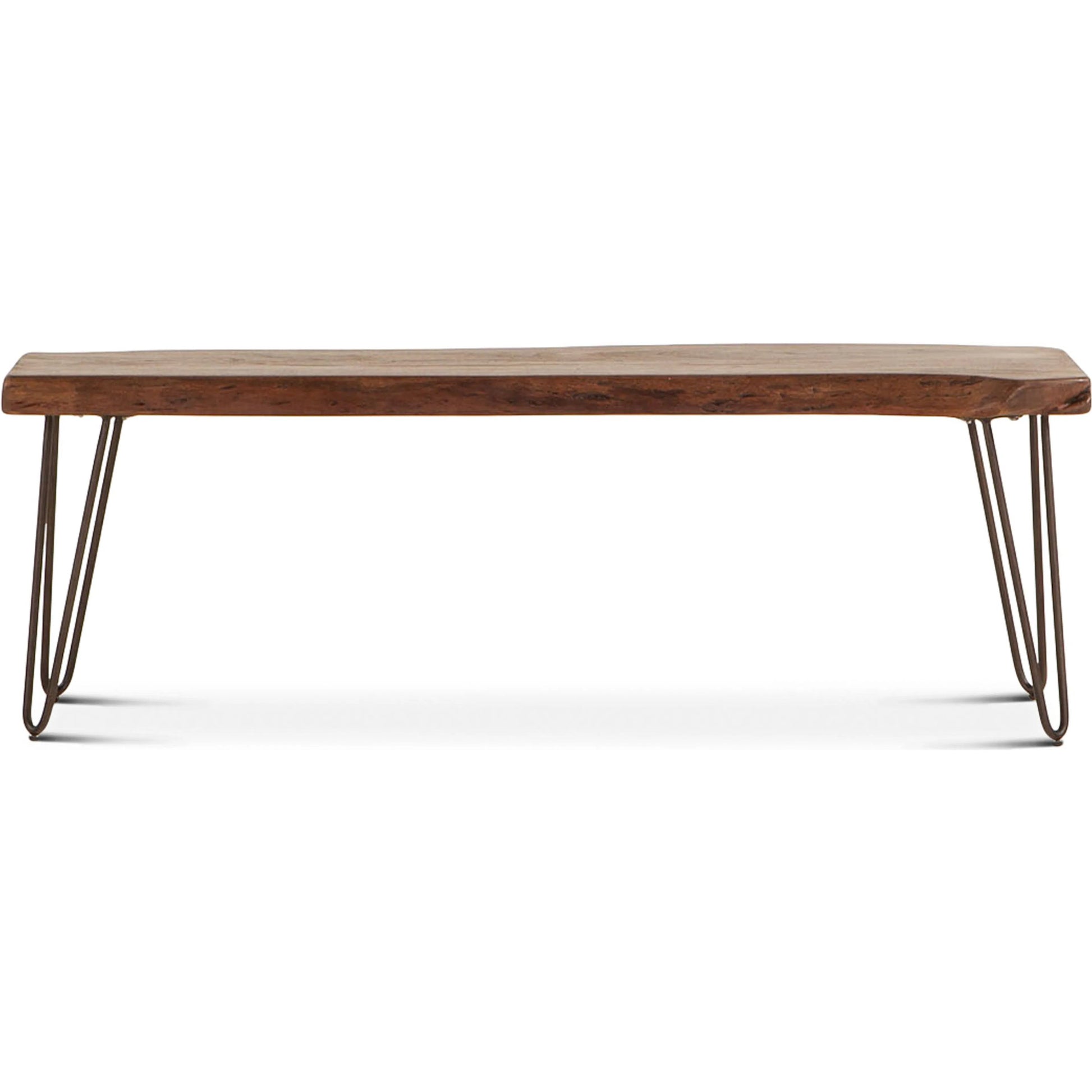 Grandby Dining Bench by World Interiors in brown and walnut, antique zinc. Made from acacia wood, steel in a modern style.