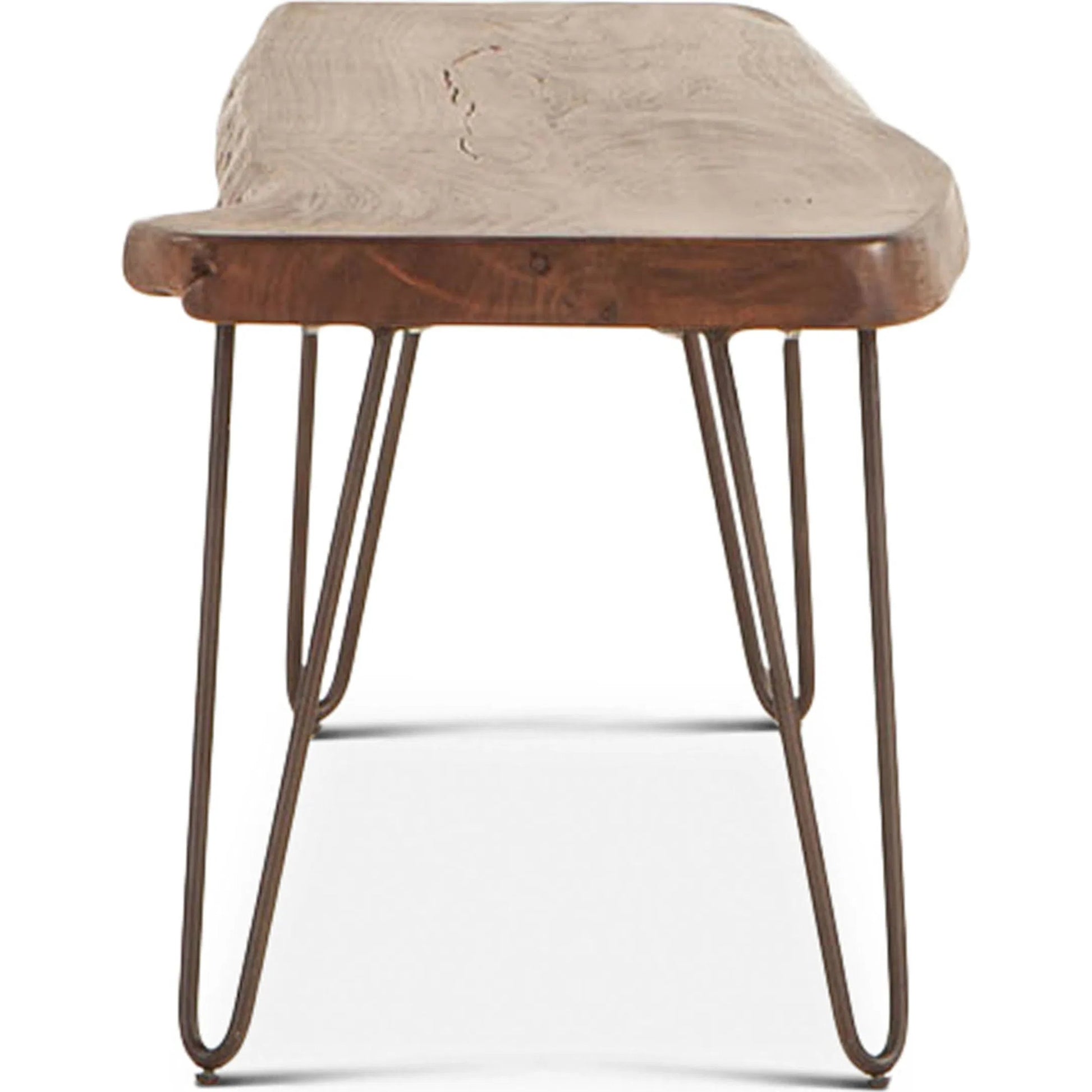 Grandby Dining Bench by World Interiors in brown and walnut, antique zinc. Made from acacia wood, steel in a modern style.