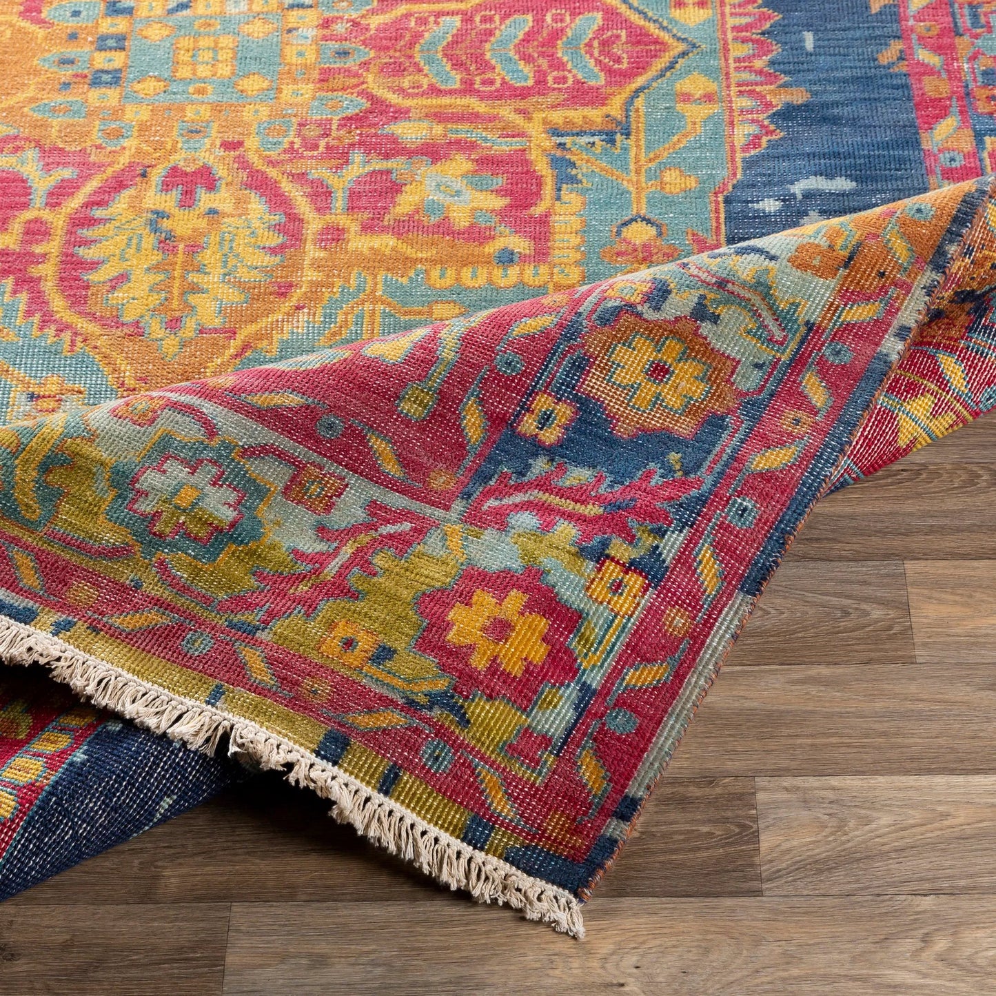 004 87692-34393,87692-43479 | Closeup | Festival FVL-1002 Rug by Surya in rose, seafoam, dark blue, mustard, light olive, brown. Made from 100% wool in a unique style.