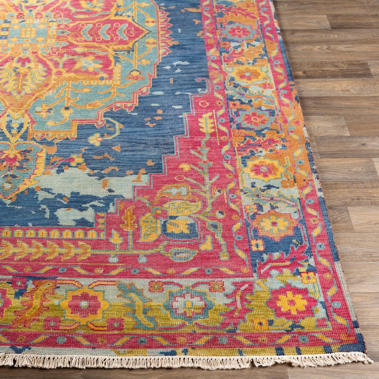 003 87692-34393,87692-43479 | Closeup | Festival FVL-1002 Rug by Surya in rose, seafoam, dark blue, mustard, light olive, brown. Made from 100% wool in a unique style.