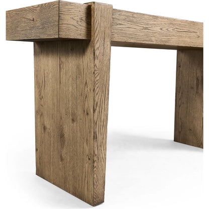 Echo Canyon Marble Console by Jonathan Charles in faded oak. Made from oak veneer in a cottage & farmhouse style.
