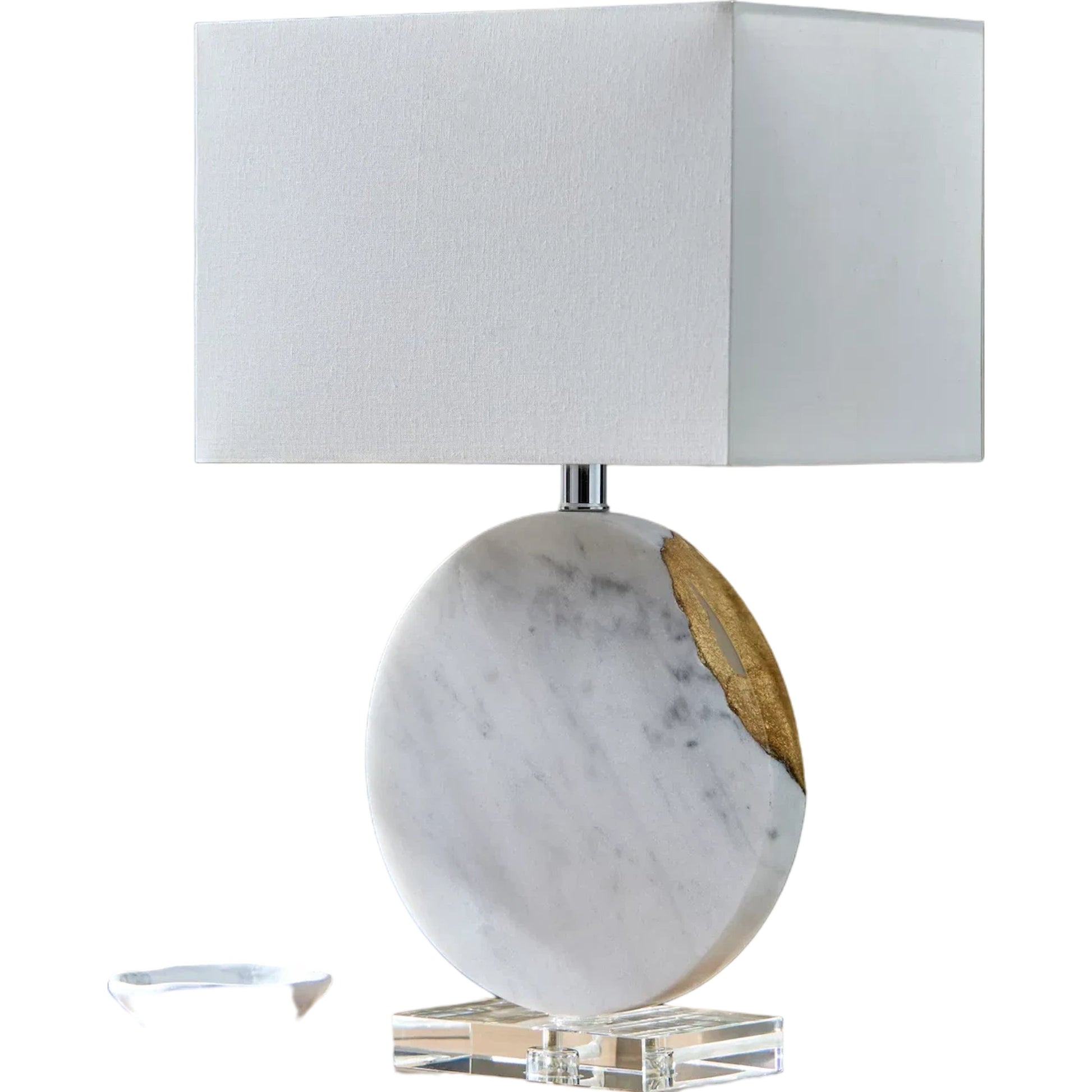 Fivo Round Accent Table Lamp by Surya in white, translucent, gold, clear and paintedpaintedpolishedpainted. Made from marble, resin, crystal, linen, plastic, iron in a modern style.
