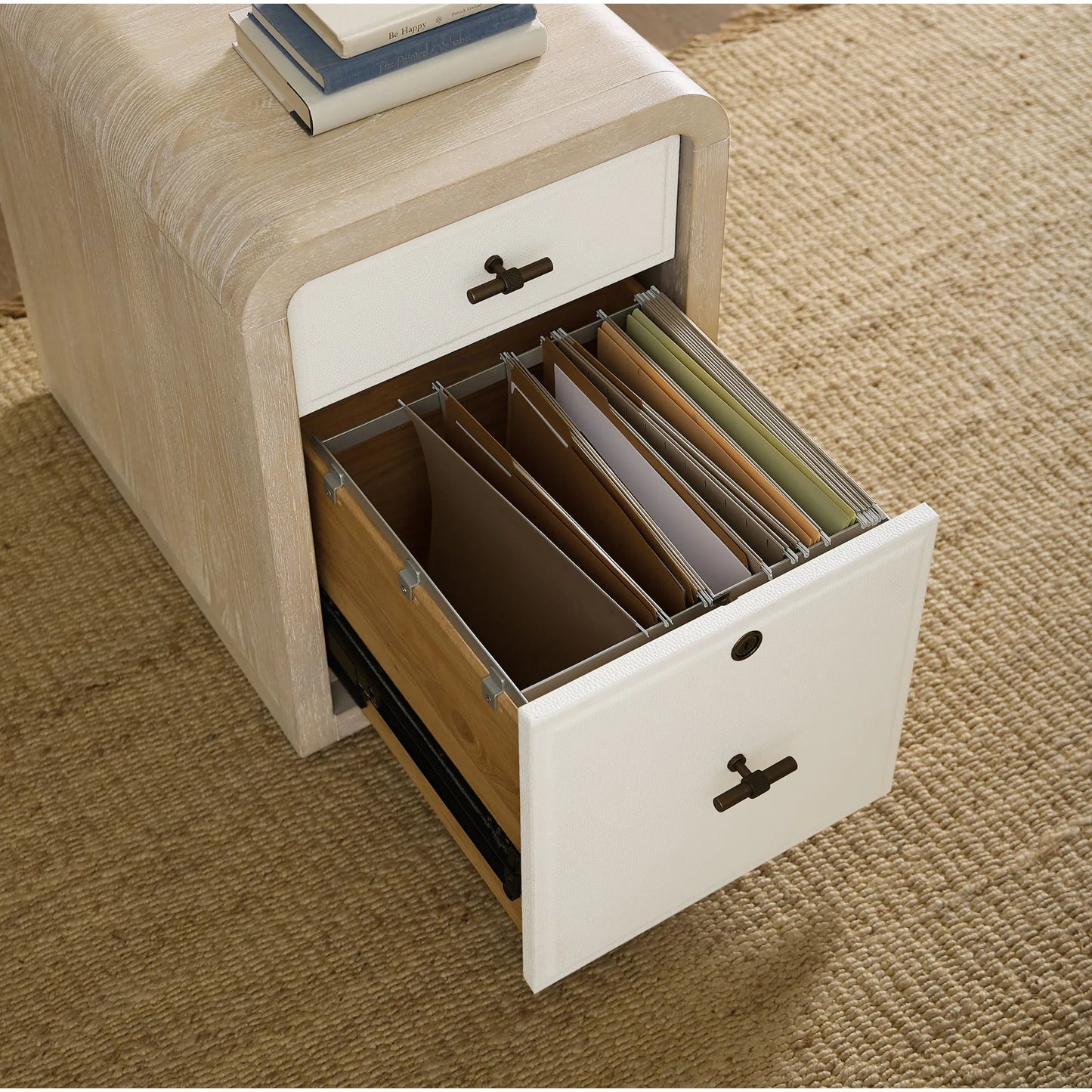 004 SI-2353896 | Lifestyle | Brixton Mobile File by Hooker Furniture in light wood and pebble hue. Made from elm veneers in a transitional style.