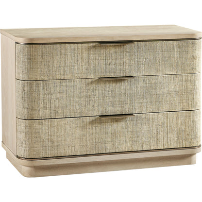 Water Seiche Large Grasscloth Nightstand by Jonathan Charles in whitewash oak. Made from oak, grass cloth, brass in a transitional style.