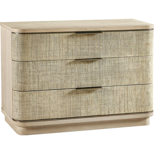 Water Seiche Large Grasscloth Nightstand by Jonathan Charles in whitewash oak. Made from oak, grass cloth, brass in a unique style.