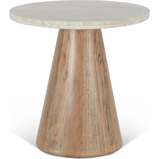 Caldera Side Table by World Interiors in tan and light oak. Made from travertine, oak in a unique style.