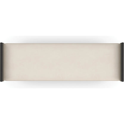 Crete End of Bed Bench by Caracole in ivory, gold and charred bark, brushed gold paint, ivory craze. Made from poplar, dyed makore in a unique style.