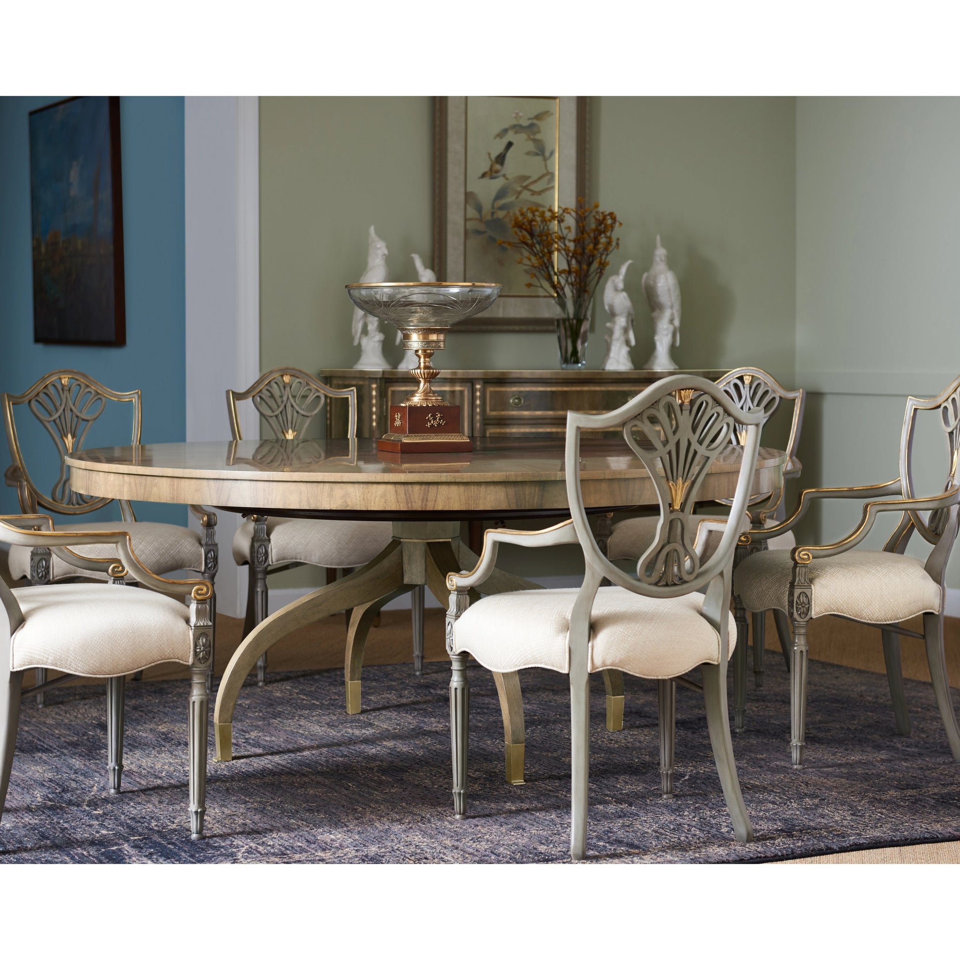 Buckingham Sheraton Grey & Gilded Dining Armchair by Jonathan Charles in brown and buckingham gray. Made from acacia in a traditional style.