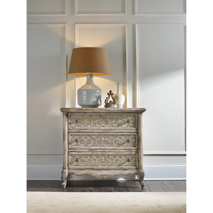 Chatelet Fretwork Nightstand by Hooker Furniture. Made from pecan veneer, resin, wallpaper, solid-wood edge top in a traditional style.