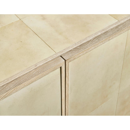 Hydra Entertainment Console by Jonathan Charles in parchment oak. Made from oak, oak veneer, brass, vellum in a transitional style.