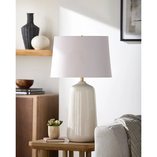 Foxton Accent Table Lamp by Surya in beige, cream, metallic gold. Made from ceramic, linen, polyester, iron in a unique style.