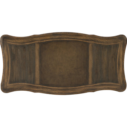 St. Hedwig Executive Desk by Hooker Furniture in saddle brown, anthracite black. Made from white oak, walnut veneers with high quality bonded leather, resin in a traditional style.