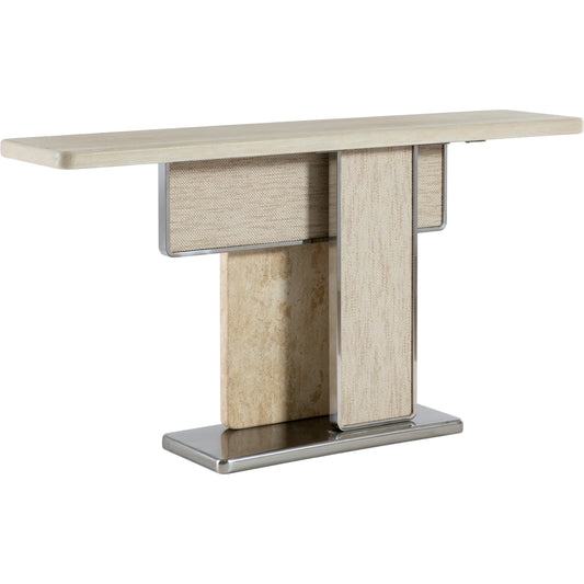 Laren Console Table by Bernhardt in beige, tan, silver. Made from stone, metal in a unique style.