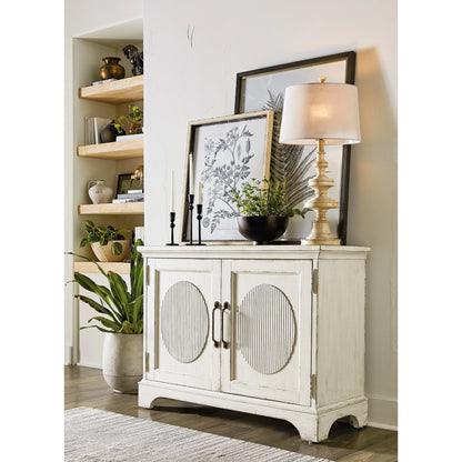 Americana Two-Door Chest by Hooker Furniture in white and worn white finish. Made from oak veneers in a cottage & farmhouse style.