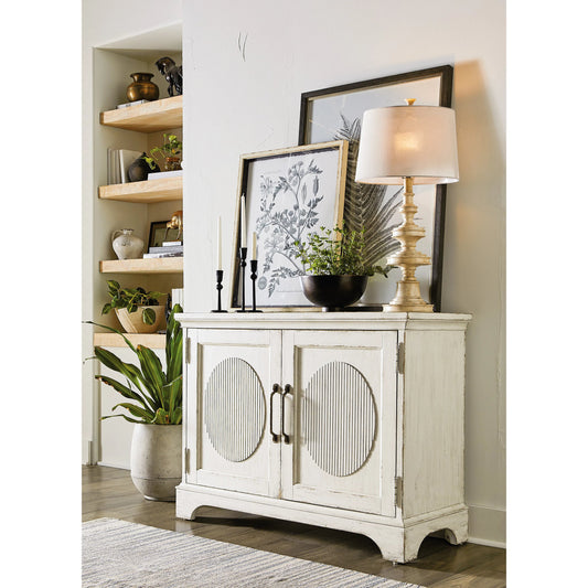 Americana Two-Door Chest by Hooker Furniture in white and worn white finish. Made from oak veneers in a cottage & farmhouse style.