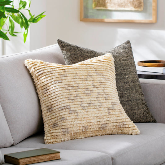 Freyja Pillow - 481453 by Surya in light beige, wheat. Made from front: 80% wool, 20% cotton, back: 100% cotton in a modern style.