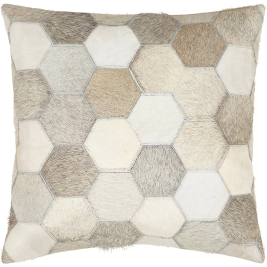 Fayet Pillow - 18902 by Surya in off-white, light silver, ash, slate grey taupe, light grey, sage. Made from front: 100% leather, back: 100% cotton in a modern style.